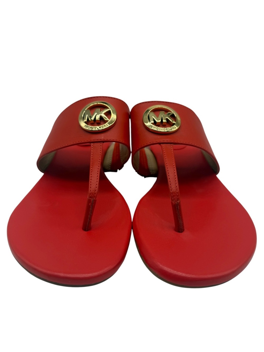 Michael Kors Womens Sandals Size 8.5 Red Leather Logo Thong Heeled Colorful Chic - Picture 4 of 12